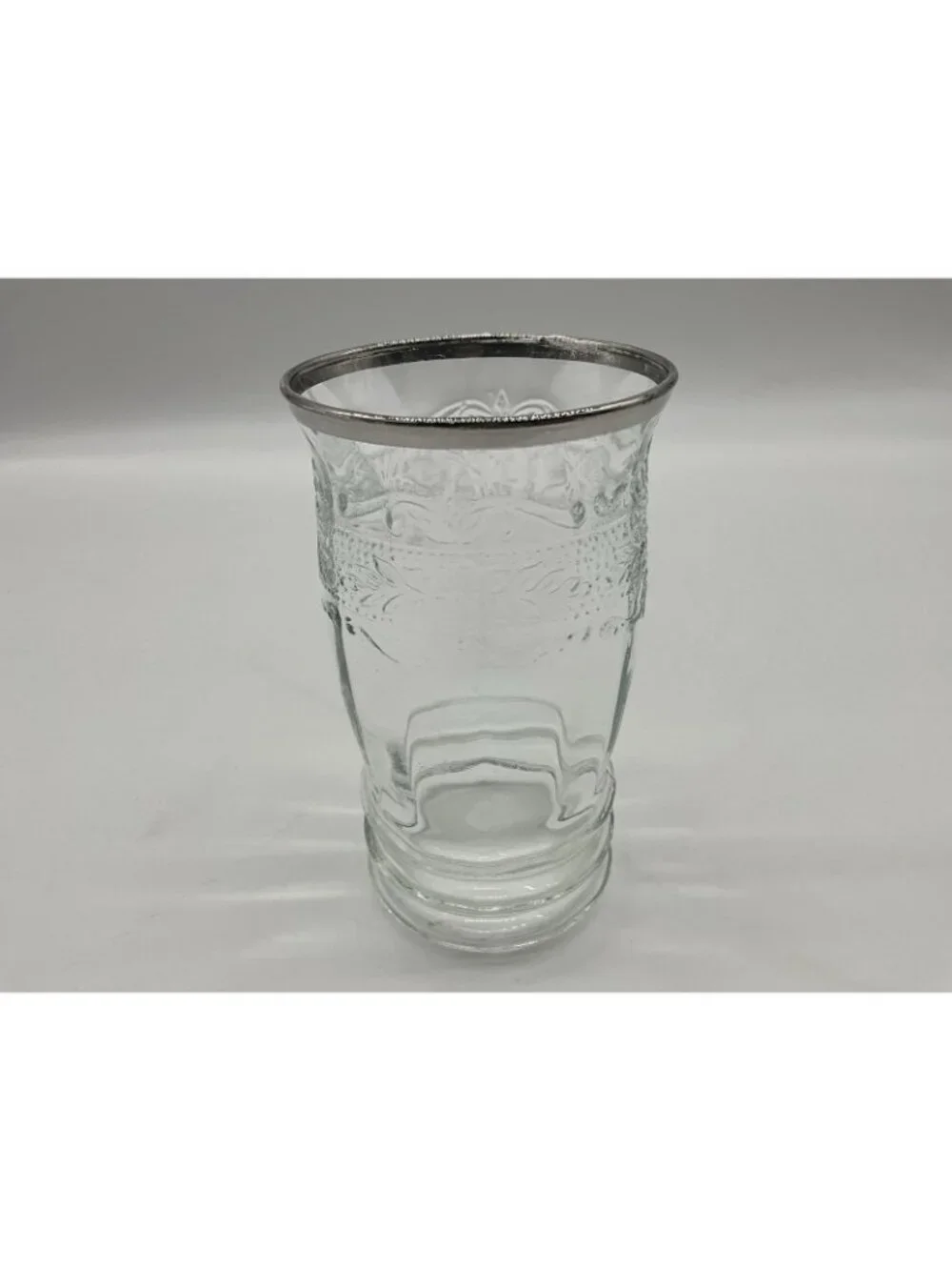 MacBeth -Evans Strippled Rose Band Clear Depression Glass Tumbler w/silver Rim